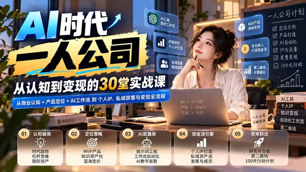 【无水印】AI时代一人公司30堂实战课：从商业认知+产品定位+AI工作流到个人IP、私域获客与变现全流程-百盟网