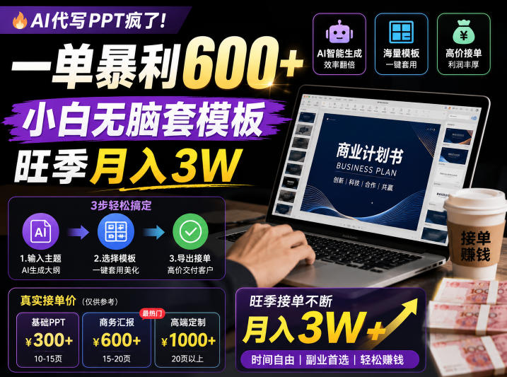 AI代写PPT疯了！一单暴利600+，小白无脑套模板，旺季月入3W，不用苦哈哈引流【揭秘】-百盟网