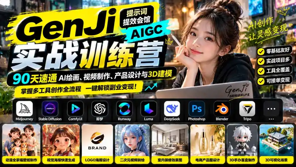 GenJi AIGC实战训练营：90天速通AI绘画、视频制作、产品设计与3D建模，掌握多工具创作全流程-百盟网
