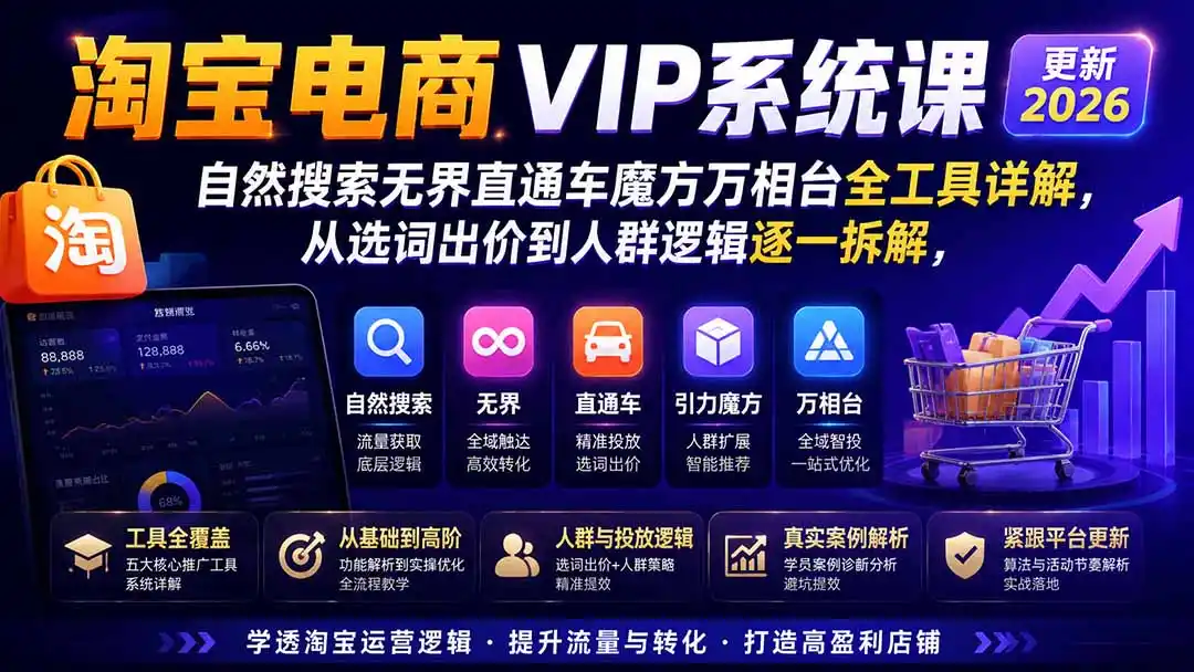 2026淘宝电商终局之战VIP课-更新0920:自然搜索+直通车+无界+精准人群,系统掌握测款动销与全店推广布局方法 2026淘宝电商终局之战VIP课-更新0920:自然搜索+直通车+无界+精准人群,系统掌握测款动销与全店推广布局方法