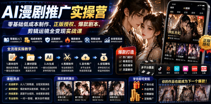 AI漫剧推广实操营|零基础低成本制作、正版授权、爆款剧本、剪辑运镜全变现实战课-百盟网
