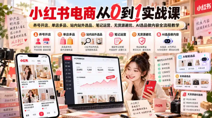 小红书电商从0到1实战课|养号开店、单店多品、站内站外选品、笔记运营、无货源避坑、AI选品做内容全流程教学-百盟网