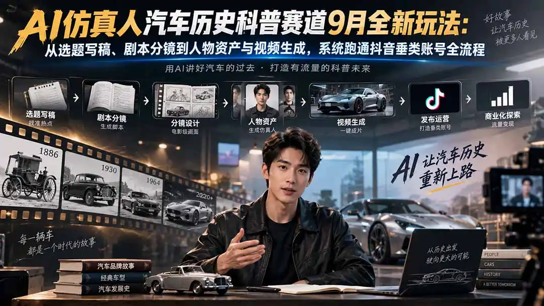 AI仿真人汽车历史科普赛道9月全新玩法：从选题写稿、剧本分镜到人物资产与视频生成，系统跑通抖音垂类账号全流程-百盟网