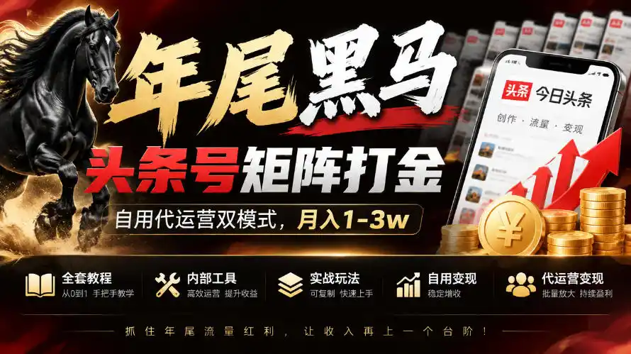 【年尾黑马】头条号矩阵打金,自用代运营双模式,月入1-3w,附全套教程及内部工具【揭秘】-百盟网