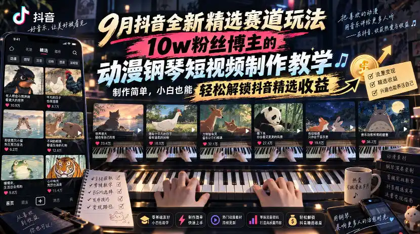 9月抖音全新精选赛道玩法，10w粉丝博主的动漫钢琴短视频制作教学，制作简单，小白也能轻松解锁抖音精选收益