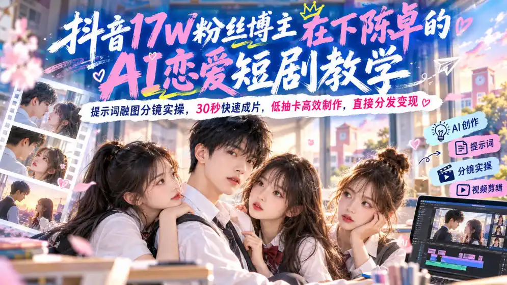 抖音17W粉丝博主在下陈卓的AI恋爱短剧教学,提示词融图分镜实操,30秒快速成片,低抽卡高效制作,直接分发变现 抖音17W粉丝博主在下陈卓的AI恋爱短剧教学,提示词融图分镜实操,30秒快速成片,低抽卡高效制作,直接分发变现